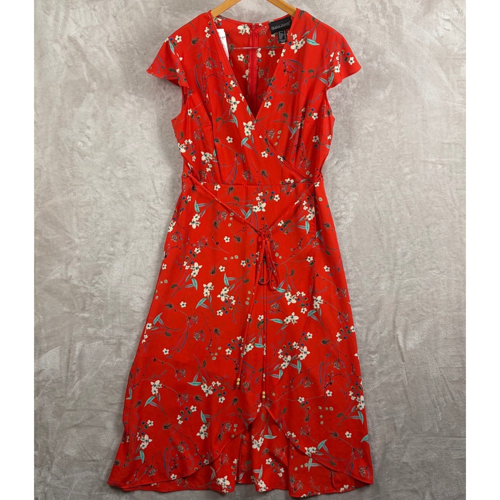 Frank Lyman Red Floral Flutter Sleeve Tulip Wrap Style Midi Dress 12 Party Fairy